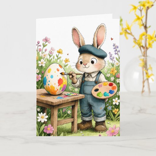 Cute Easter Bunny Painting Egg Whimsical Easter Kaart (Gele Bloem)