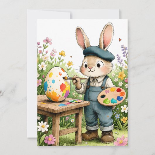 Cute Easter Bunny Painting Egg Whimsical Flat Kaart (Voorkant)