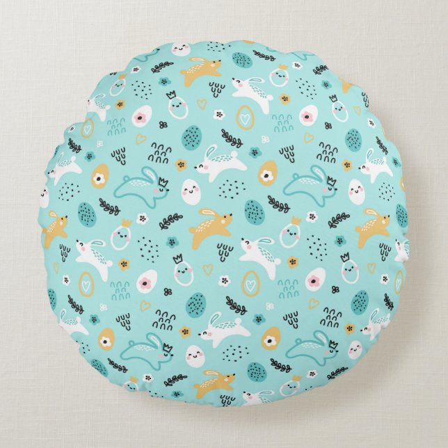 Cute Easter Bunny Pattern Kawaii Rabbits Eggs  Rond Kussen (Voorkant)