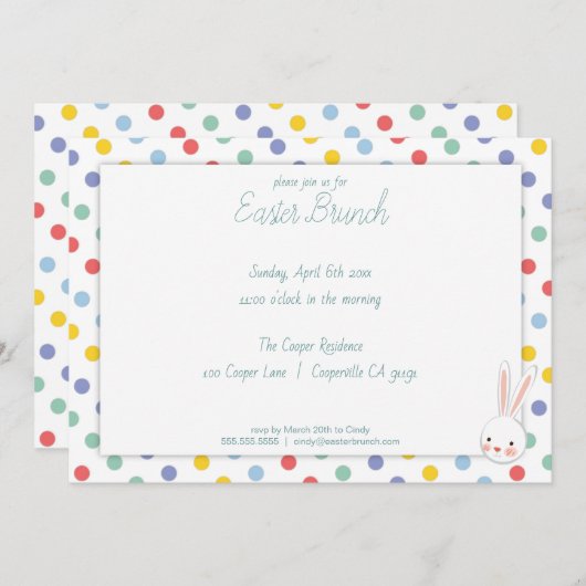 Cute Easter Bunny Polka Dot Brunch Uitnodiging (Voorkant / Achterkant)