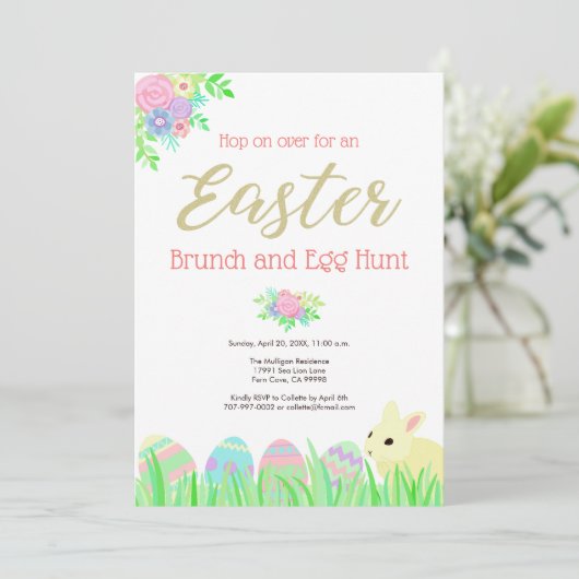 Cute Easter Bunny Rabbit Floral Brunch Egg Hunt Kaart (Staand voorkant)
