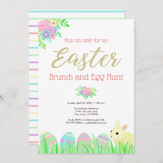 Cute Easter Bunny Rabbit Floral Brunch Egg Hunt Kaart (Voorkant / Achterkant)