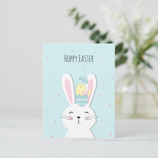 Cute Easter bunny turquoise background Feestdagenkaart (Staand voorkant)