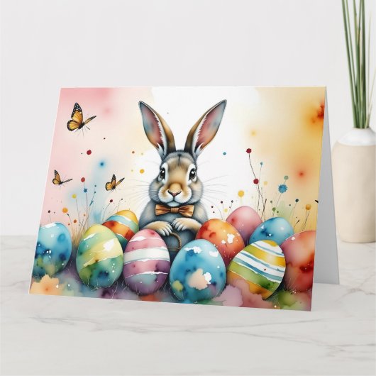 Cute Easter Bunny with Colorful Painted Eggs Bedankkaart (Voorkant)