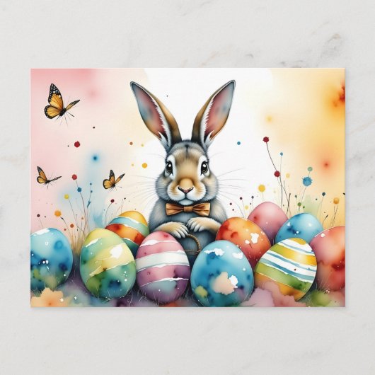 Cute Easter Bunny with Colorful Painted Eggs Briefkaart (Voorkant)