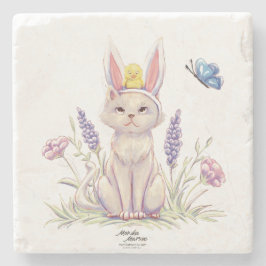 Cute Easter Cat with Chick Illustration Stenen Onderzetter