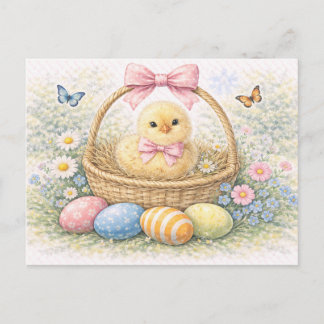 Cute Easter Chick in Basket Watercolor Postcard Feestdagenkaart