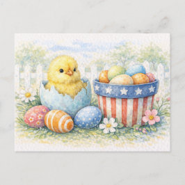 Cute Easter Chick in Egg Watercolor Postcard Feestdagenkaart