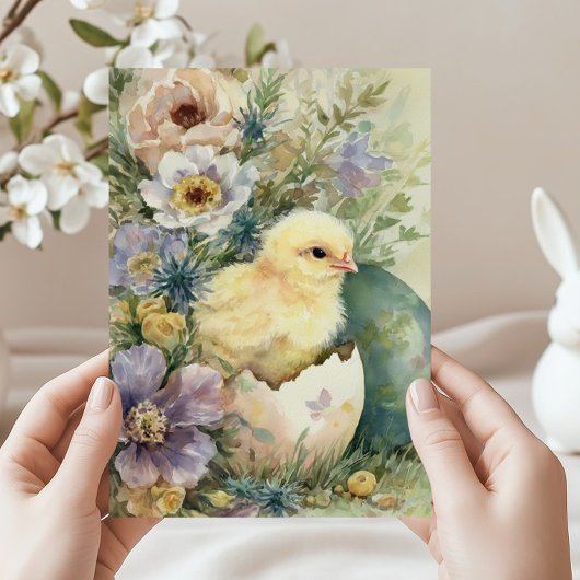 Cute Easter Chick Spring Wildflowers Watercolor Feestdagenkaart