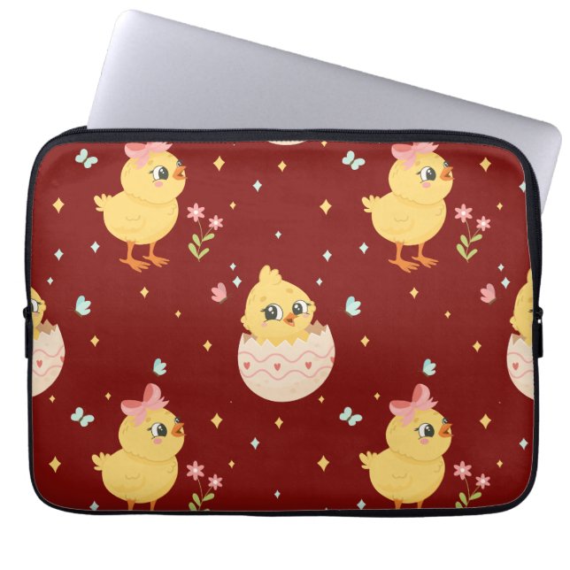 Cute Easter Chick with Pink Bow Seamless Pattern  Laptop Sleeve (Voorkant)