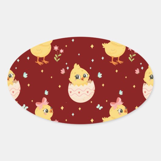 Cute Easter Chick with Pink Bow Seamless Pattern  Ovale Sticker (Voorkant)