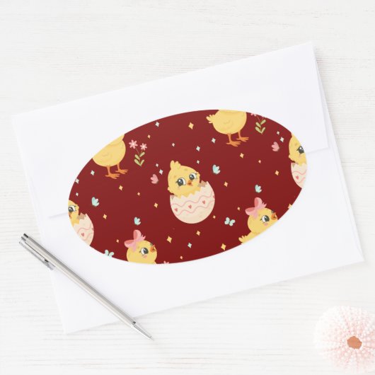 Cute Easter Chick with Pink Bow Seamless Pattern  Ovale Sticker (Envelop)