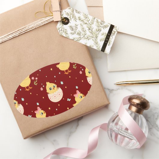 Cute Easter Chick with Pink Bow Seamless Pattern  Ovale Sticker (Geschenken)