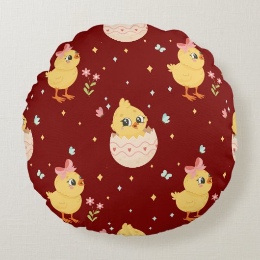 Cute Easter Chick with Pink Bow Seamless Pattern  Rond Kussen (Voorkant)