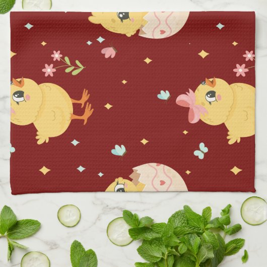 Cute Easter Chick with Pink Bow Seamless Pattern  Theedoek (Gevouwen)