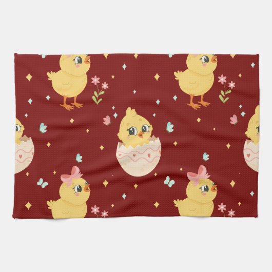 Cute Easter Chick with Pink Bow Seamless Pattern  Theedoek (Horizontaal)