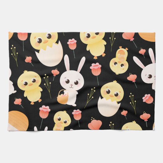 Cute Easter Chicks & Bunnies Seamless Pattern Theedoek (Horizontaal)