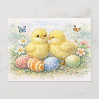 Cute Easter Chicks Watercolor Postcard Feestdagenkaart