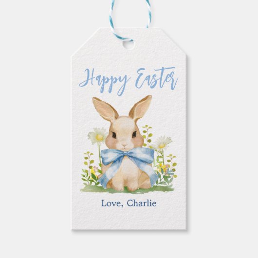 Cute Easter Watercolor Bunny Gingham Blue Bow Cadeaulabel (Voorkant)