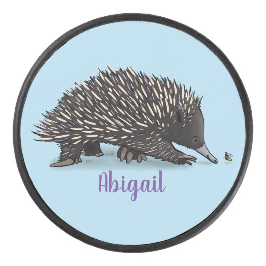 Cute echidna met bijen cartoon illustratie hockey puck (Voorkant)
