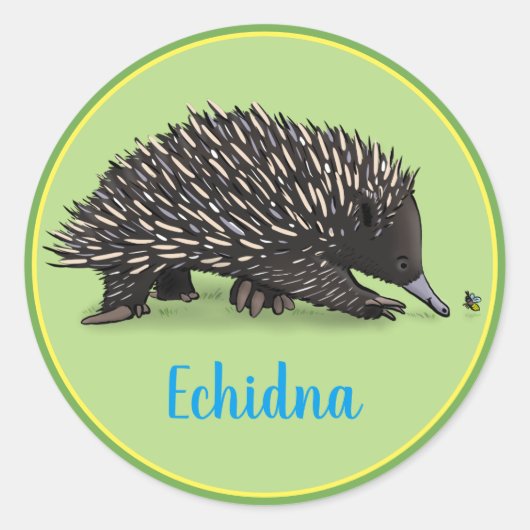 Cute echidna met bug cartoon ronde sticker (Voorkant)