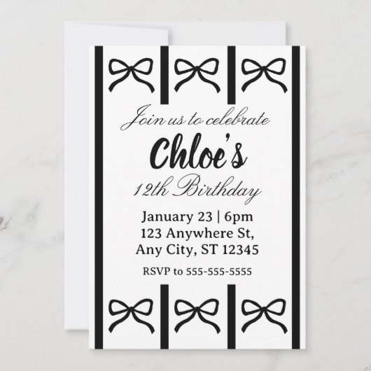 Cute editable bow birthday invite kaart (Voorkant)