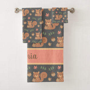 Cute Eekhoorn Eikel Herfstbladeren Patroon Naam Bad Handdoek