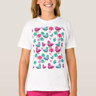 Cute Eend Bloemmotief Kawaii Roze Blauwe Eenden T-shirt