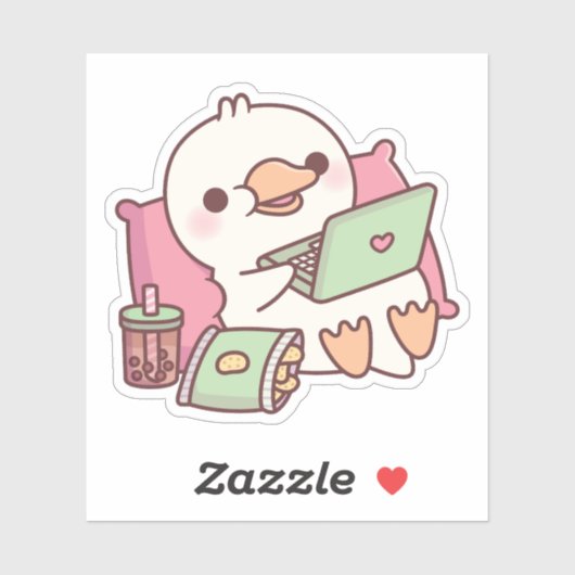 Cute Eend Die Ontspant Met Laptop En Snacks Sticker (Vel)