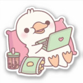 Cute Eend Die Ontspant Met Laptop En Snacks Sticker (Voorkant)