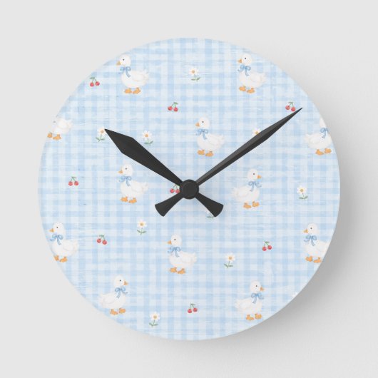 Cute Eend en Blauw Gingham Patroon Wandklok (Voorkant)