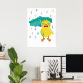 Cute Eend Met Paraplu In Regenboog Regen  Poster (Thuiskantoor)