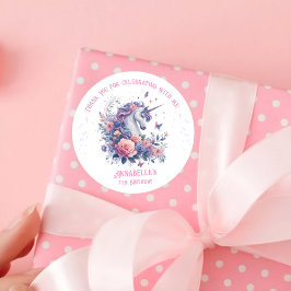 Cute Eenhoorn Bloem Roze Paars Meisje Verjaardag  Ronde Sticker