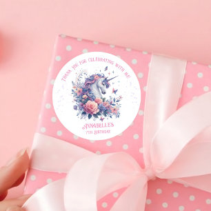 Cute Eenhoorn Bloem Roze Paars Meisje Verjaardag  Ronde Sticker