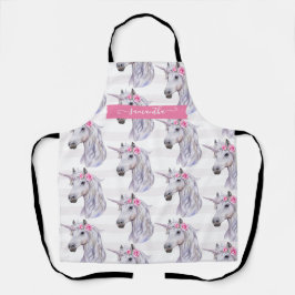 Cute Eenhoorn Bloemen op Hoofd Streep Achtergrond Schort