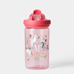 Cute eenhoorn en bloemen kids roze monogram waterfles