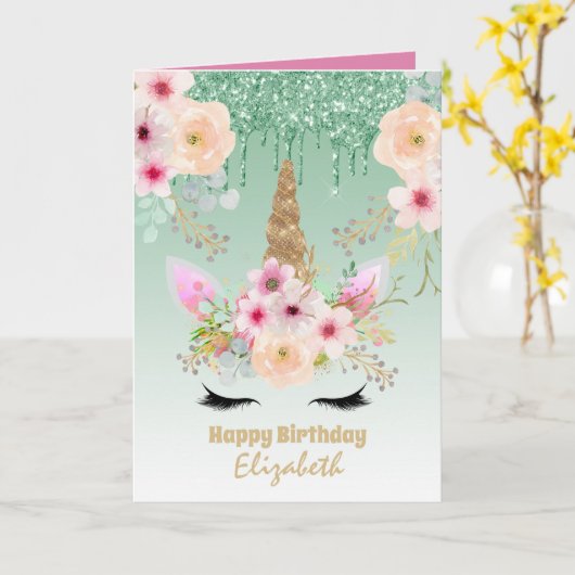 Cute Eenhoorn Fantasie Mooie Meisjesachtige Groen Kaart (Gele Bloem)