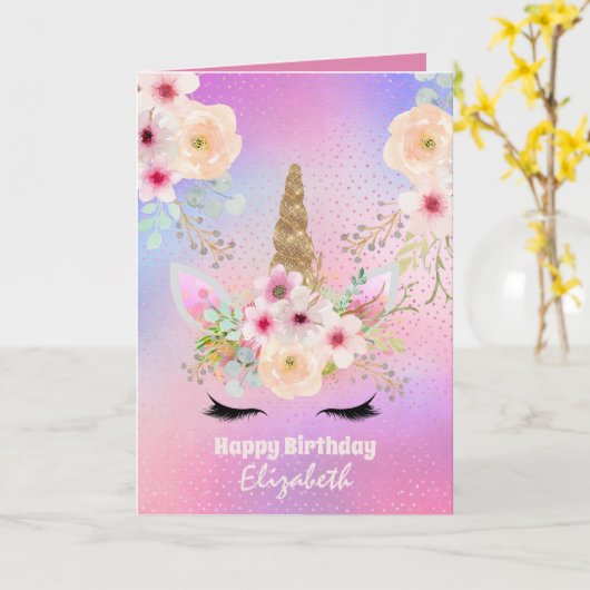 Cute Eenhoorn Fantasie Mooie Meisjesachtige Roze P Kaart (Gele Bloem)