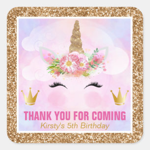 Cute Eenhoorn Gezicht & Gouden Glitter Verjaardag Vierkante Sticker