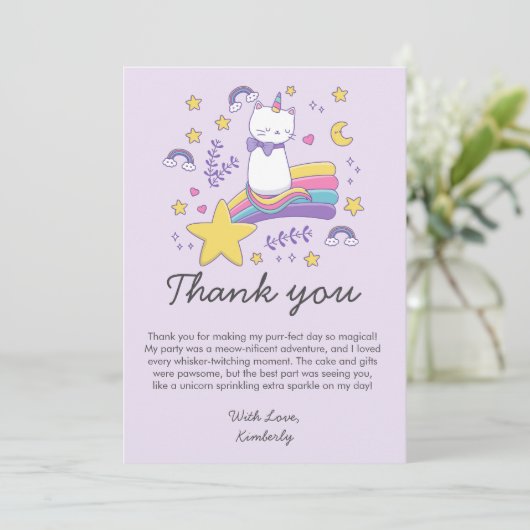 Cute Eenhoorn Kat Kinderen Verjaardagsfeestje Bedankkaart (Staand voorkant)