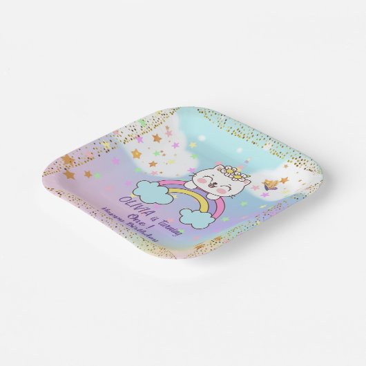Cute Eenhoorn Kat Regenboog Meisje 1e Verjaardagsf Papieren Bordje (Gebogen)