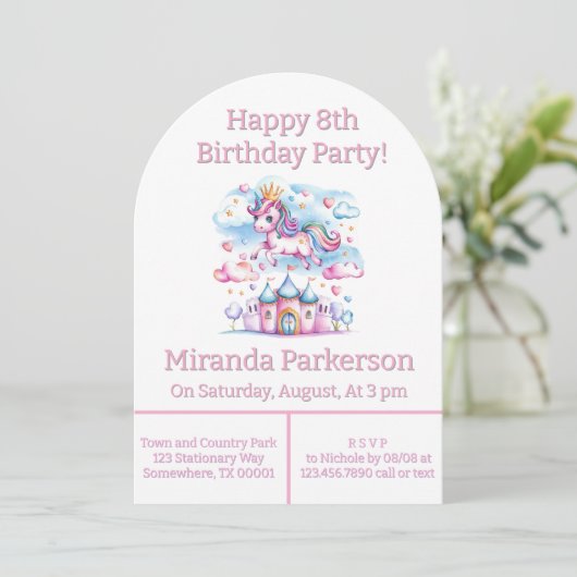 Cute Eenhoorn Magisch Kasteel Meisje Verjaardagsfe Kaart (Staand voorkant)