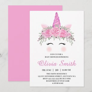 Cute Eenhoorn Meisje Baby Shower Met Roze Naam Kaart