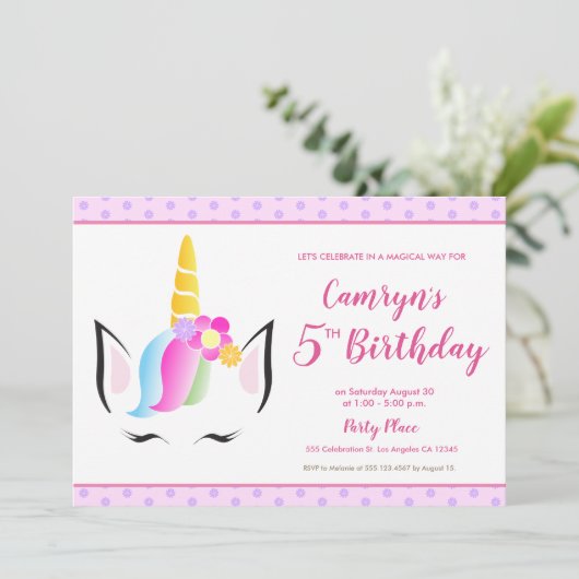 Cute Eenhoorn Meisje Verjaardagsfeestje 5 jaar Kaart (Staand voorkant)