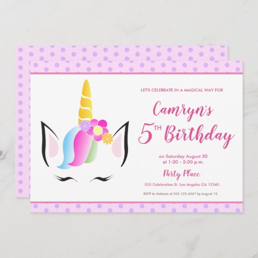 Cute Eenhoorn Meisje Verjaardagsfeestje 5 jaar Kaart (Voorkant / Achterkant)