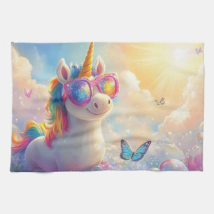Cute Eenhoorn met Zonnebril: Magisch en Leuk Theedoek