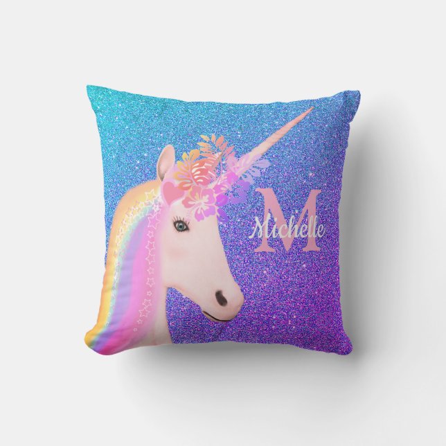 Cute Eenhoorn Paarse Ombre Glitter Persoonlijk Kussen (Voorkant)
