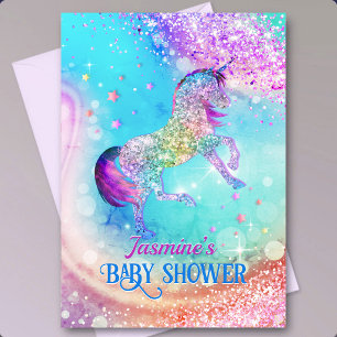 Cute eenhoorn roze aqua glitters babyshower kaart