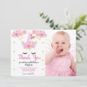 Cute Eenhoorn Roze Bloemen Foto Verjaardag Bedankkaart (Staand voorkant)