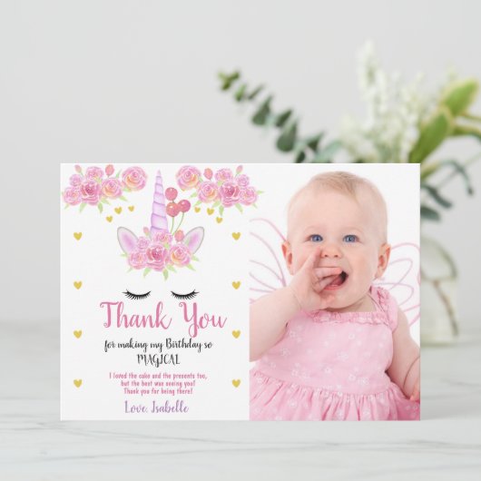 Cute Eenhoorn Roze Bloemen Foto Verjaardag Bedankkaart (Staand voorkant)